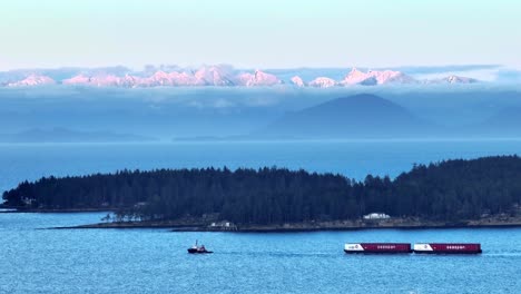 Seaspan-Tugboat-Pulling-Barge-With-Cargo-In-Protection-Island,-Nanaimo,-Canada