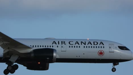 A-close-up-shot-of-the-fuselage-of-an-Air-Canada-Boeing-787-Dreamliner-on-final-approach-for-landing-at-Pearson-International-Airport,-Canada