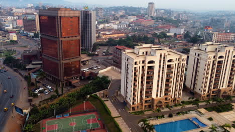 Aerial-view-of-apartments-and-the-Block-number-2-building,-in-Yaounde,-Cameroon,-Africa