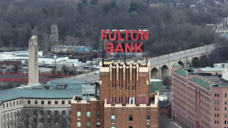 Aerial-shot-of-Fulton-Bank-building-and-sign-in-Harrisburg,-Pennsylvania