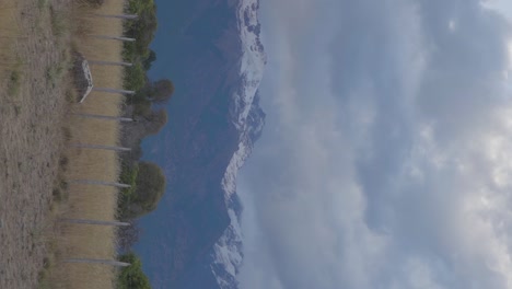 Ein-Panorama-Schneebedeckter-Berge-Mit-Weizenfeldern-Und-Bäumen-In-Patagonien,-Argentinien