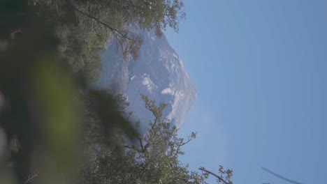Un-Pico-De-Montaña-Cubierto-De-Nieve-Rodeado-De-Bosque-En-El-Volcán-Lanín,-Patagonia,-Argentina