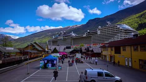 Cruise-ship-in-port-in-Flam,-Norway---dream-vacation-time-lapse