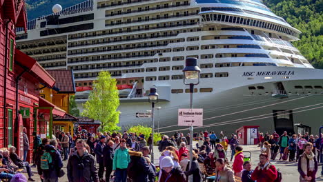 Busy-cruise-ship-dock-in-Flam,-Norway---time-lapse