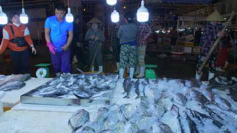 Pescadores-Que-Exhiben-Pescado-Fresco-Cubierto-Con-Hielo-Mantenido-Para-Comerciar-En-El-Puerto-Pesquero-De-Tho-Quang-Temprano-En-La-Mañana,-Vietnam