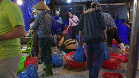 Fishermen-trading-at-Tho-Quang-fishing-port-early-morning,-Vietnam