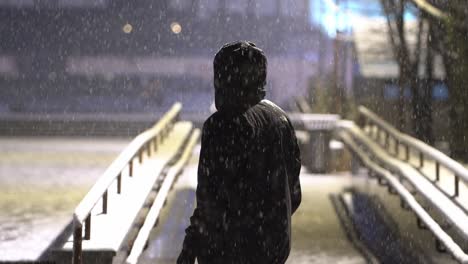 Rear-view-slowmotion-shot-of-snow-falling-around-person-wearing-black-jacket