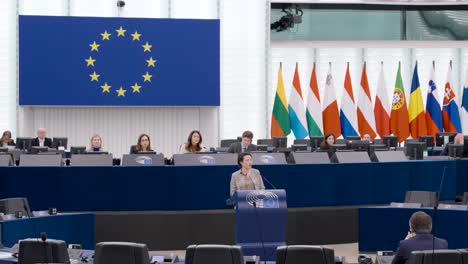 Mitglied-Des-Europäischen-Parlaments-Spricht-Während-Der-EU-Plenarsitzung-In-Straßburg,-Frankreich-–-Mittlere-Aufnahme