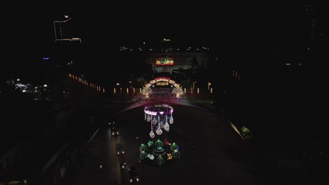 High-angle-night-view-of-street-decorated-for-New-Year-gala-in-Vietnam