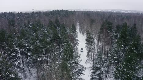 Aerial-dolly-out-focusing-on-4x4-car-driving-wild-though-snow-forest-trail-in-winter