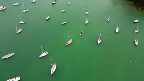 aerial-view-of-ocean-water-with-sail-boat-in-russel-bay-north-island-of-New-Zealand-,-drone-fly-above-boat-moored-on-the-coastline