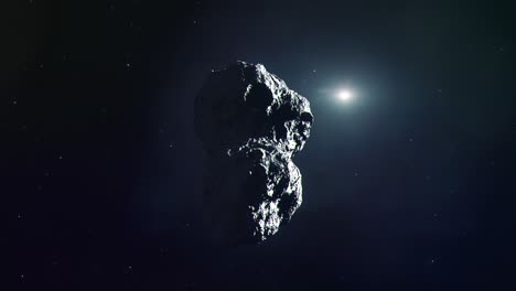 Asteroide-Girando-Y-Girando-Lentamente-En-El-Espacio-Ultraterrestre-Con-Estrellas-Y-El-Sol-En-El-Fondo