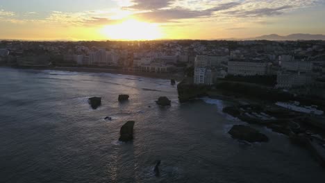 Biarritz-beach-and-city-at-sunset,-France