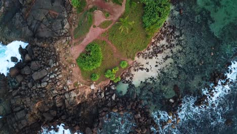 Tropical-Rocky-Beach-and-Reef-on-Sri-Lanka-Coastline,-Aerial-Top-Down