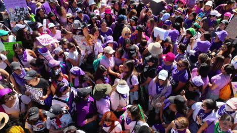 Aerial-view-of-a-crowd-of-females-celebrating-International-Women's-Day,-spring-in-Mexico-city