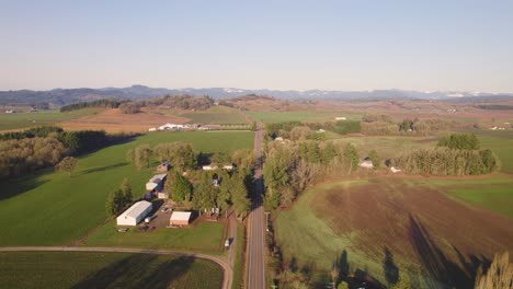 Aerial-reverse-dolly-over-dolden-hour-light-on-country-road,-fields-on-both-sides