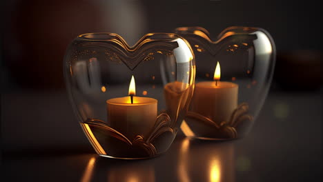 Animated-background-of-love-candles-burning,-fire-flames-inside-transparent-heart-shape-glass-holders,-smooth-digital-rendering