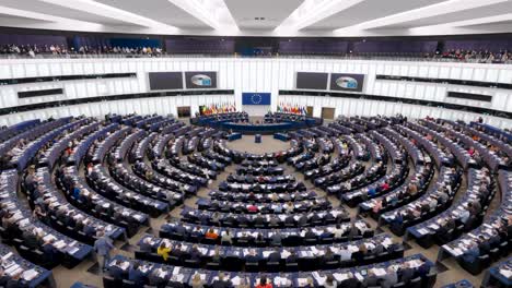 Members-of-the-European-Parliament-voting-during-the-EU-plenary-session-in-Strasbourg,-France---Wide-angle