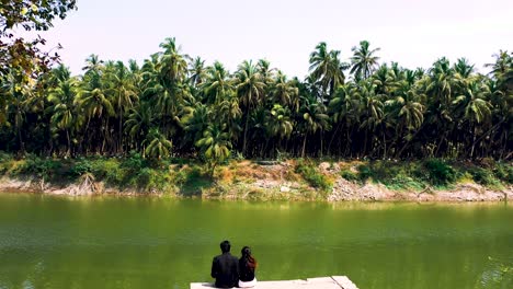 coconut-trees-on-backwaters,-Kerala,-aerial-camera-moving-forward-to-the-palm-forest-and-lake-view