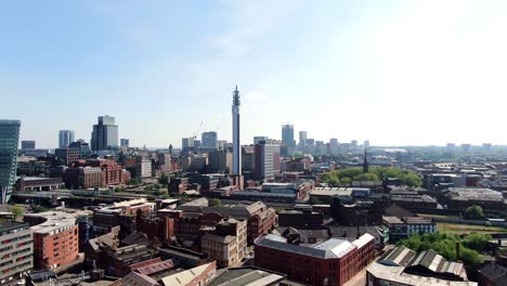 Birmingham-skyline-aerial-descending-closeup-view-of-factories-and-office-buildings-situated-in-front-of-the-landmark-BT-tower