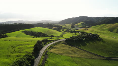 New-Zealand-north-island-NZ-aerial-scenic-panoramic-view-of-green-valley-with-narrow-asphalted-road-with-sunshine