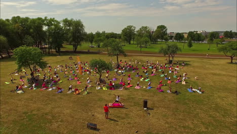 Multitude-of-people-practicing-yoga-outdoors-on-green-meadows
