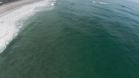 Aerial-dolly-over-bodyboarders-waiting-for-the-next-set-in-the-ocean