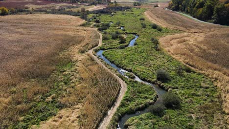 Aerial-push-in-panning-up-shot-over-creek-on-plantation-during-autumn