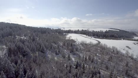 Luftaufnahmen-Von-Landstraßen,-Die-Zu-Schneebedeckten-Wäldern-Führen