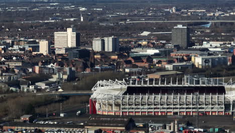 Teesside-Middlesbrough-football-club-fc-boro,-aerial-drone-zoom-fast-pan-left-to-right---clip-1-aerial-drone-prores
