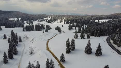 Aerial-View-Of-A-Winter-Mountain-Landscape-Road