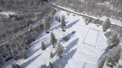 aerial-view-of-horse-paddock-in-the-middle-of-snowy-forest