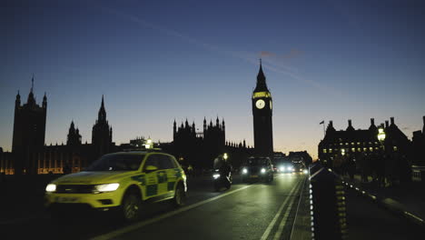 Big-Ben-Y-La-Casa-Del-Parlamento-Al-Atardecer,-Toma-Estática-En-El-Puente-De-Westminster-En-Londres-En-Febrero-De-2023