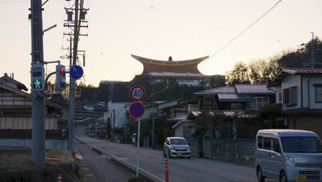 Sunset-over-Sukyo-Mahikari-in-Takayama-City-and-Japanese-Neighborhoods