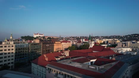 Establisher-aerial-pan-reveal-Bratislava-cityscape-with-Calvinist-church,-dusk