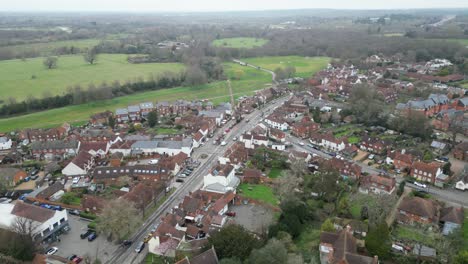 Ripley-Village-Surrey-UK-high-panning-Drone,-Aerial,-view-from-air,-birds-eye-view