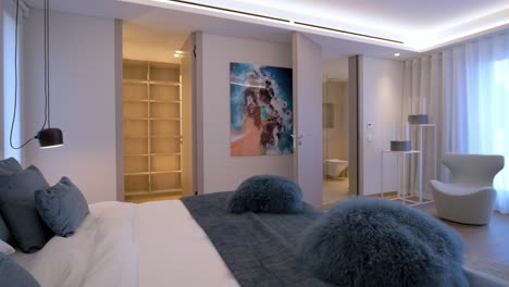 Revealing-shot-of-a-master-bedroom-in-a-luxury-apartment-in-Mougins,-France