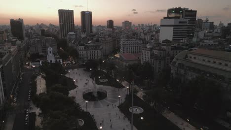 Aerial-Panoramic-View-Above-Plaza-de-Mayo-City-Square-Buenos-aires-Argentina-Cabildo-Main-Square-Historical-Landmark-at-Sunset