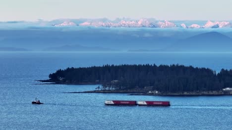 Freight-Ships-In-Protection-Island-Near-Nanaimo-Harbour-In-British-Columbia,-Canada