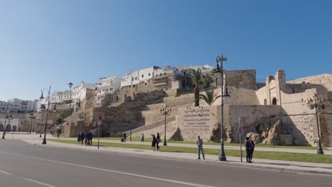 Establishing-shot-of-Tangier-fortress-walls-in-Port-Area-of-City-of-Tangier,-Morocco