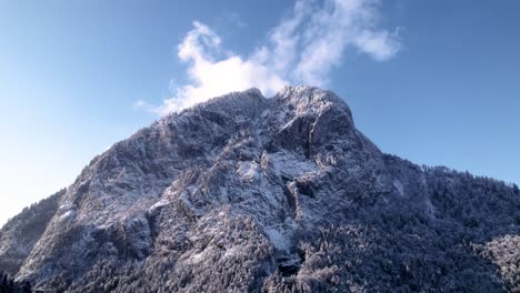 Aerial-view-of-a-rocky-snow-covered-mountain-peak-with-trees-on-a-sunny-winter-day-in-Switzerland