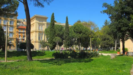 Idyllic-Green-Nature-Landscape-With-Neoclassical-Architecture-At-Villa-Comunale-In-Naples,-Italy