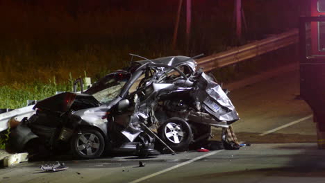 El-Bombero-Camina-Hacia-Su-Camión-Después-De-Un-Terrible-Accidente-Automovilístico-Que-Deja-Los-Restos-De-Un-Camión-Completamente-Doblado-En-La-Carretera