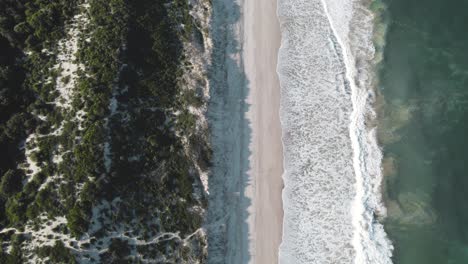 Drone-shot-panning-up-from-Magenta-Beach-to-reveal-the-horizon-as-the-waves-crash-on-the-beach