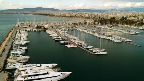 Aerial-shot-over-a-marina-in-Athens,-Greece