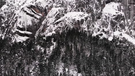 aerial-pan-left-of-frozen-cliff-and-drop-off-over-pine-forested-valley,-blanketed-in-winter-snow
