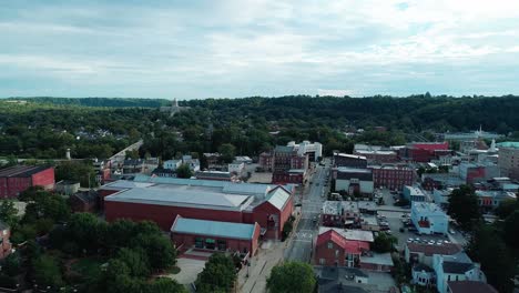 Volando-Sobre-El-Centro-De-Frankfort-Kentucky-Con-Vista-Del-Centro-De-Historia-De-Kentucky-Y-La-Capital-Del-Estado-De-Kentucky-En-La-Distancia.