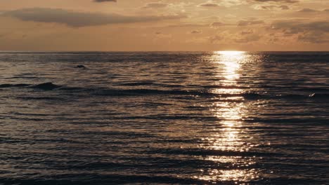 Sunset-over-sea,-ocean-water-with-calm-waves-and-beautiful-light,-steady-shot