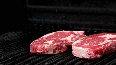 Zwei-Rohe-Rib-Eye-Steaks-Bereiten-Sich-Darauf-Vor,-Auf-Einem-Grill-Zubereitet-Zu-Werden