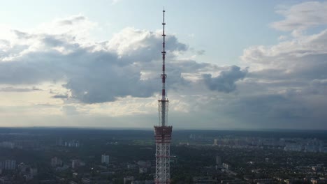Aerial-View-of-Top-of-Radio-Tower-in-Kyiv,-Ukraine